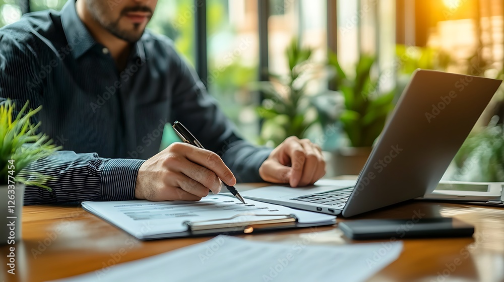 Close-up of a man working on documents at his desk with a laptop. Close-up of a man working on documents at his desk with a laptop.