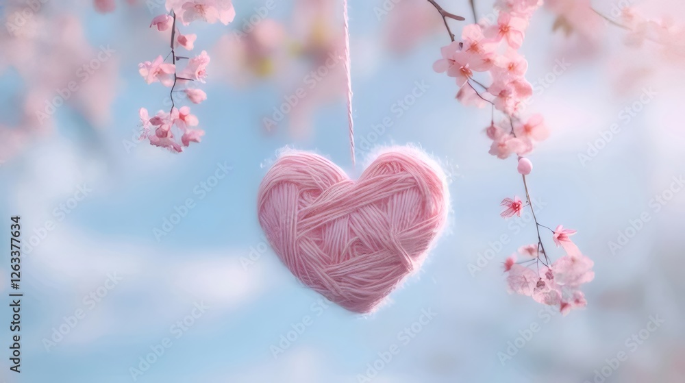 Pink yarn heart hanging from blossoming cherry tree branch against a blue sky. Pink yarn heart hanging from blossoming cherry tree branch against a blue sky.