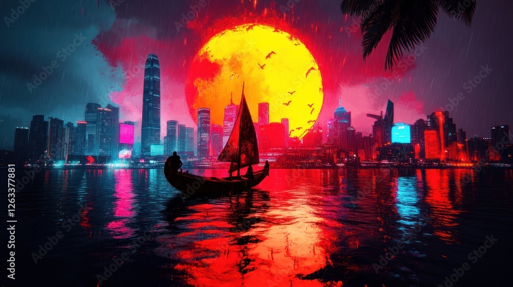 Obraz premium Crimson Cityscape: A lone sailboat navigates a futuristic harbor under a fiery, crimson sun, creating a surreal and atmospheric scene.