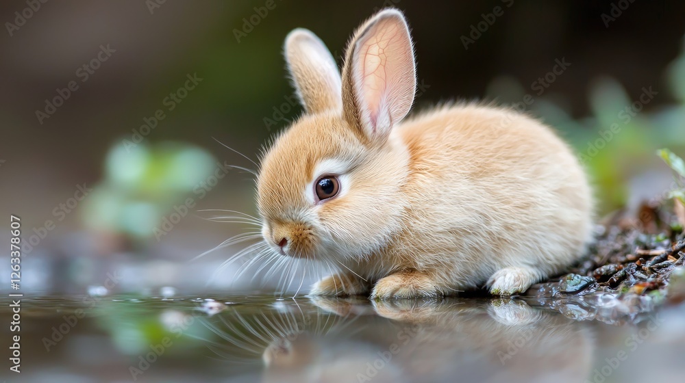 Cute Baby Rabbit Drinking from Puddle in Nature Cute Baby Rabbit Drinking from Puddle in Nature