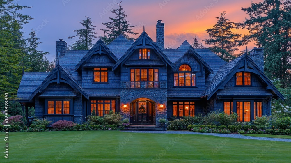 Luxurious home, twilight, woods, lit windows Luxurious home, twilight, woods, lit windows