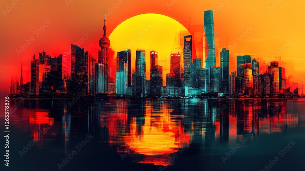 Fototapeta premium Shanghai Skyline at Sunset: A Vibrant Cityscape