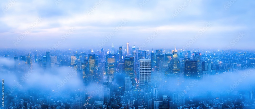 Obraz premium NYC Skyline Enveloped in Mist: A Serene Aerial View