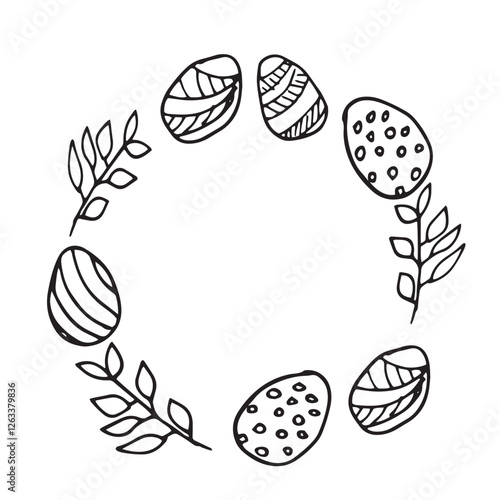 Vector set of wreath round frame easter with doodle elements illustration of eggs, flowers, leaves and floral elements. Design for greeting card and invitations highlighted on a white background