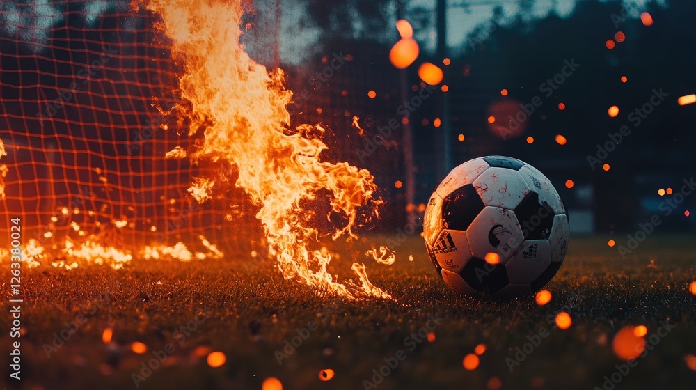 Blazing soccer ball streaking toward the net, dramatic fire effects and motion blur. Blazing soccer ball streaking toward the net, dramatic fire effects and motion blur.