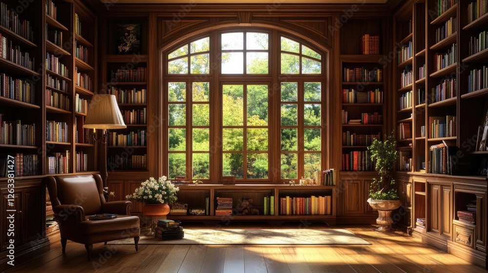 Cozy reading room with a rich wood interior, large bookshelves, and a bright window view. Cozy reading room with a rich wood interior, large bookshelves, and a bright window view.