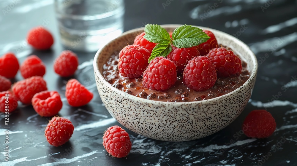 Delightful bowl of chocolate dessert topped with fresh raspberries and mint on a dark marble surface Delightful bowl of chocolate dessert topped with fresh raspberries and mint on a dark marble surface