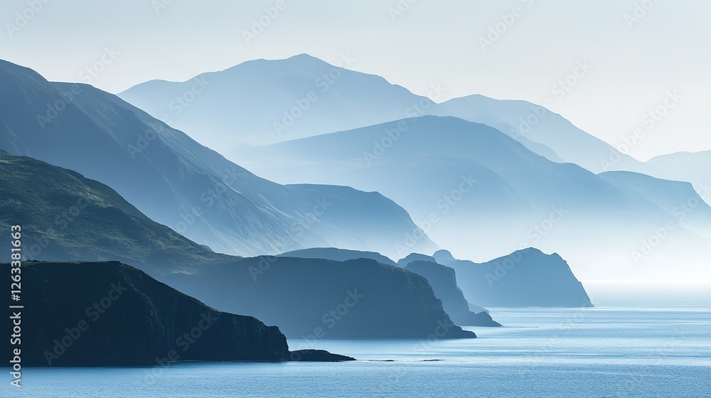 Serene Coastal Mountainscape Under a Hazy Sky Serene Coastal Mountainscape Under a Hazy Sky