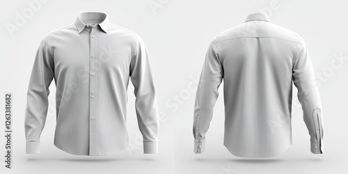 Elegant gray, long-sleeved shirt with collar in a 3D front-and-back view. Button-down design offers classic sophistication. Perfect for any professional or casual setting photo