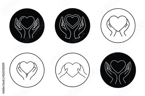 Two Hands Cradling a Heart Inside a Circle Icon set Symbolizing Care and Compassion