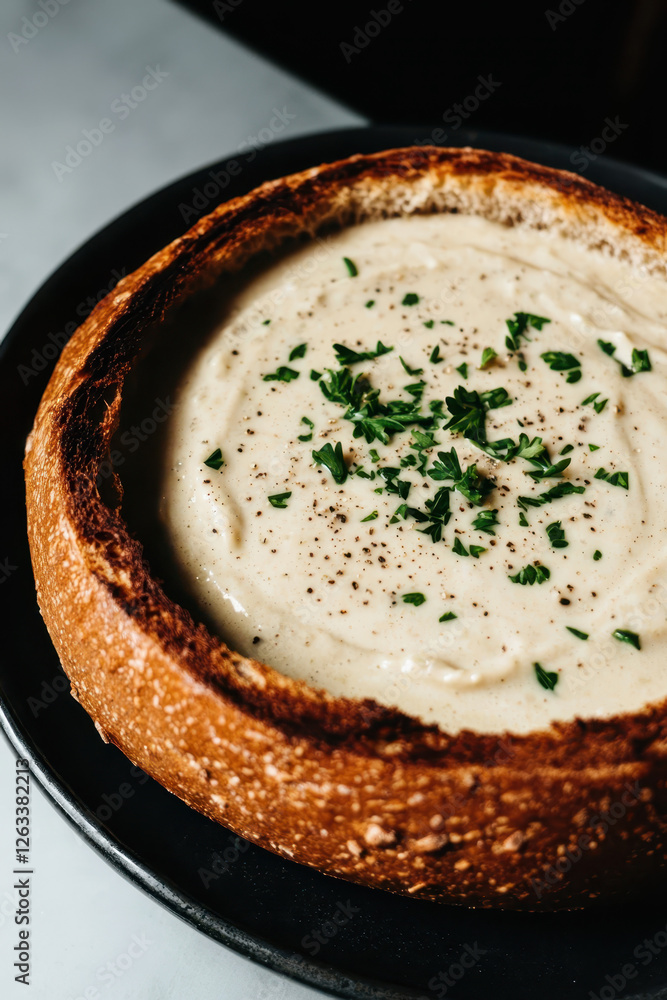 Delight in a Creamy Soup Served in a Freshly Baked Bread Bowl Garnished with Parsley, a Perfect Comfort Food for Any Meal Delight in a Creamy Soup Served in a Freshly Baked Bread Bowl Garnished with Parsley, a Perfect Comfort Food for Any Meal