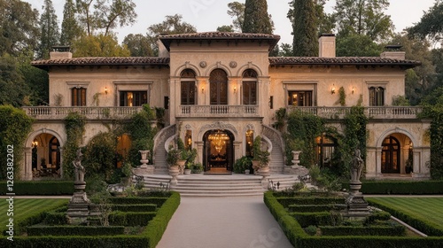 Luxurious Italianate Estate Exterior at Dusk photo