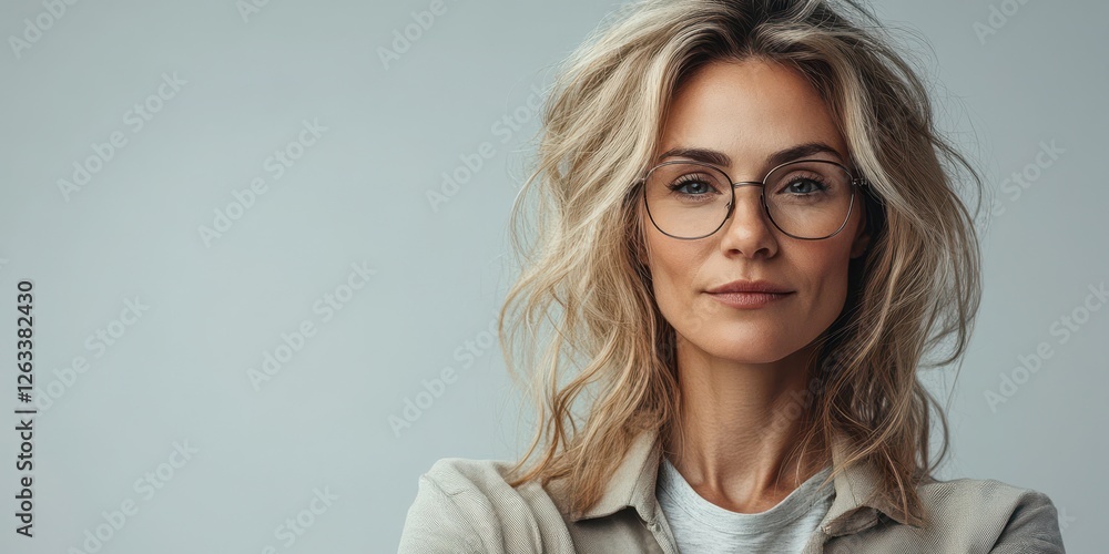 Portrait of a confident woman with glasses in a neutral-toned setting, highlighting her natural beauty and relaxed demeanor Portrait of a confident woman with glasses in a neutral-toned setting, highlighting her natural beauty and relaxed demeanor