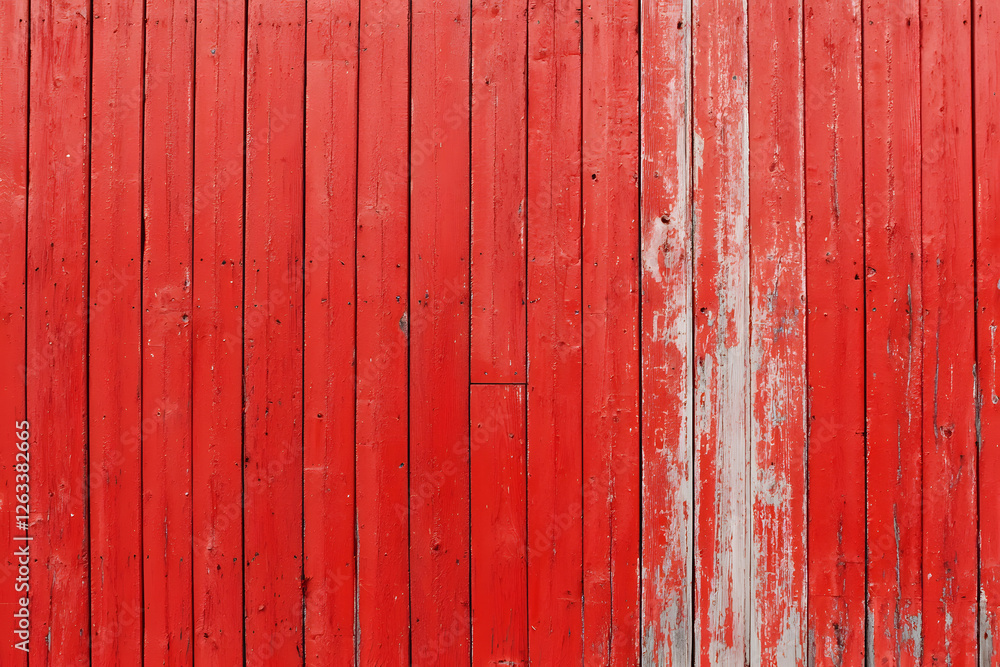 Red painted planks are arranged vertically, with some paint peeling off. The wooden texture is visible, creating a rustic, worn appearance. Red painted planks are arranged vertically, with some paint peeling off. The wooden texture is visible, creating a rustic, worn appearance.