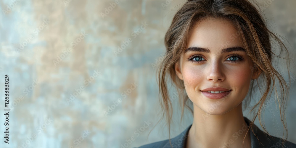 Young woman with beautiful smile and warm expression poses in a casual outfit against textured background Young woman with beautiful smile and warm expression poses in a casual outfit against textured background