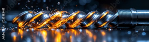 A metallic drill bit glistens with oil, showcasing a spiral design and reflecting shiny highlights against a dark background.