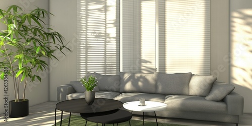 Elegant gray sectional sofa faces right, complemented by a pristine white coffee table atop a lush green rug with sleek black metal accents.  photo