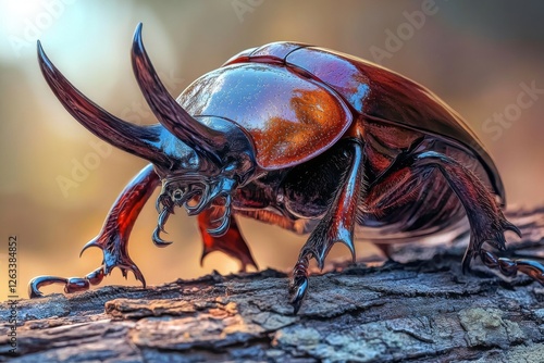 Captivating close-up image revealing the iridescent exoskeleton of a rhinoceros beetle with prominent horns, poised on textured bark against a soft, diffused background light.