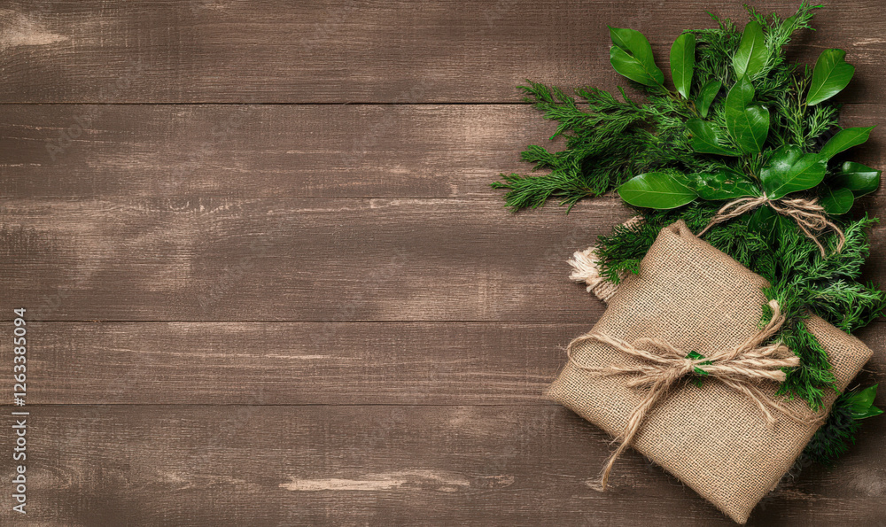 Elegant Rustic Gift Wrapping with Greenery on Wooden Background for Holiday or Seasonal Celebrations, Perfect for Eco-Friendly Themes and Decorations Elegant Rustic Gift Wrapping with Greenery on Wooden Background for Holiday or Seasonal Celebrations, Perfect for Eco-Friendly Themes and Decorations