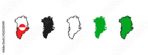 Greenland geographical map. Silhouette and Greenland national flag vector set.