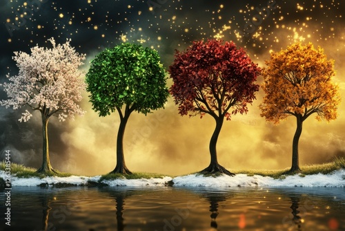 A captivating illustration showing the four seasons represented by unique trees, with spring blossoms, summer greens, autumn reds, and winter oranges, reflecting in tranquil water. photo