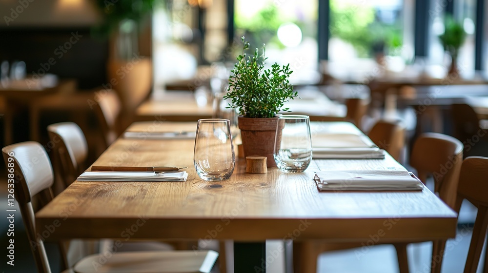 Restaurant Table Setting With Plant And Glasses Restaurant Table Setting With Plant And Glasses