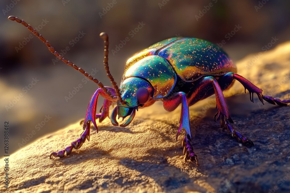 Detailed close-up of a iridescent beetle on a rock, showcasing its colorful exoskeleton, intricate legs, and antennae under soft, diffused sunlight. Detailed close-up of a iridescent beetle on a rock, showcasing its colorful exoskeleton, intricate legs, and antennae under soft, diffused sunlight.