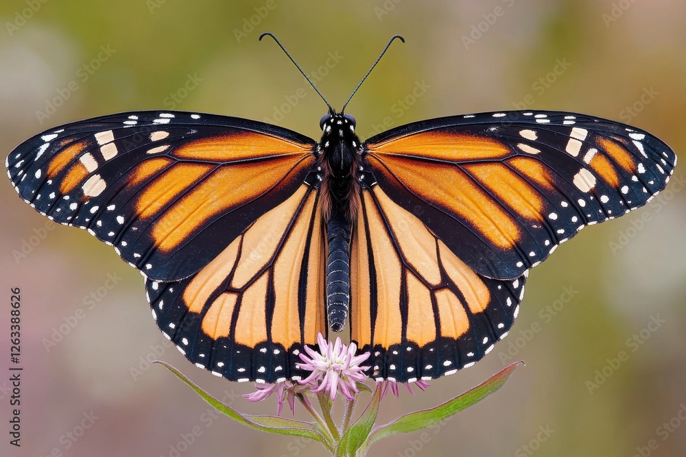Fototapeta premium A stunning close-up of a monarch butterfly delicately perched on a flower, showcasing its intricate wing patterns and vibrant colors against a soft background.