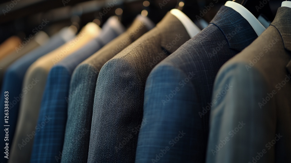 Obraz premium A row of suits hanging on a rack