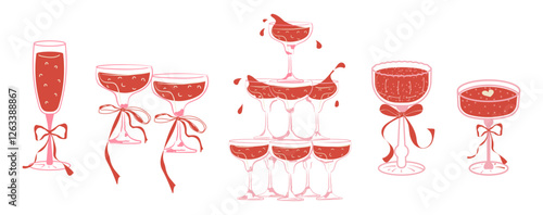 Red cocktails in festive glasses with bows. A tower of glasses. Drinks for weddings, bachelorette parties, Christmas, party, birthday and Valentine's day, menu. Vector illustration. Isolated.