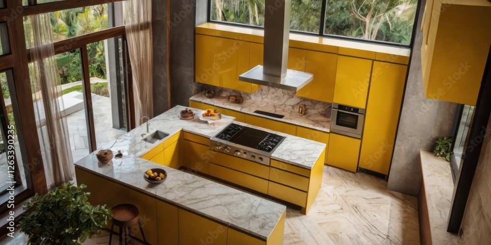 Fototapeta premium Modern Yellow Kitchen Island with Marble Countertops and Outdoor Views