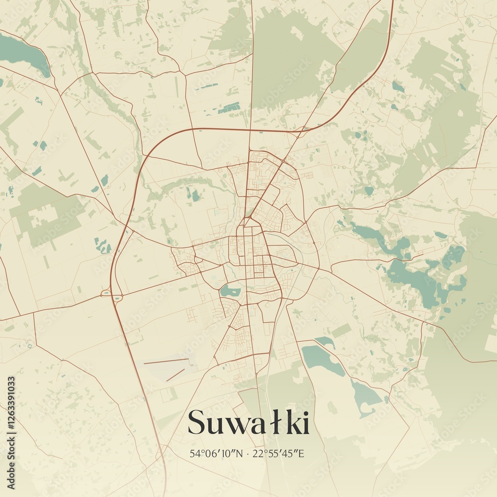 Fototapeta premium Vintage map of Suwalki, Poland.