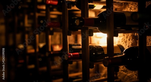 Dimly lit wine cellar with bottles on wooden racks photo