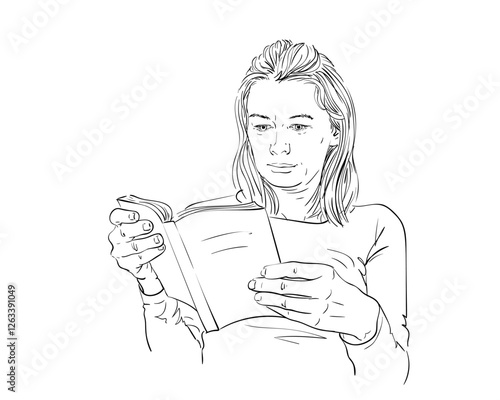 Woman reading paper book hand drawn vector sketch, Portrait of adult woman with serious face and long hair holding an open book in her hands