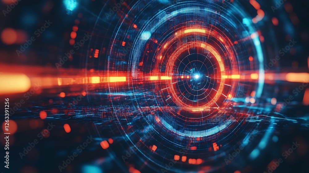 Abstract digital art of glowing red and blue concentric circles, representing technology, data, and futuristic concepts. Abstract digital art of glowing red and blue concentric circles, representing technology, data, and futuristic concepts.