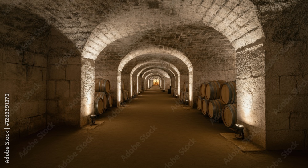 Historic wine cellar with barrels in stone archway Historic wine cellar with barrels in stone archway