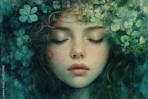 Dreamlike portrait of a serene woman with closed eyes, surrounded by lush green clovers and flowers, evoking nature, tranquility, and fantasy.