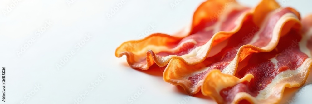 Several bacon slices fanned out on pristine white surface, food photography, texture, breakfast food Several bacon slices fanned out on pristine white surface, food photography, texture, breakfast food