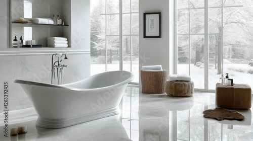 Luxurious, modern, snow-view bathroom, soaking tub photo