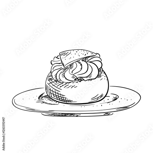 Swedish semla, hand drawn sketch of sweet pastry on a plate, whipped cream filled cardamom bun with almond paste, vector illustration doodle on white background