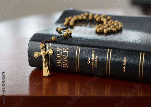 Wallpaper Mural Holy Bible and rosary on wooden desk Torontodigital.ca