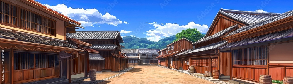 Sunny day in Japanese village street, mountains backdrop, travel postcard Sunny day in Japanese village street, mountains backdrop, travel postcard
