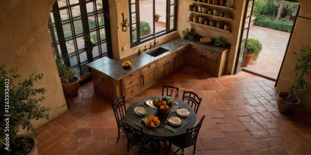 Obraz premium Rustic Kitchen Dining Area With Terracotta Floor And Wooden Cabinets