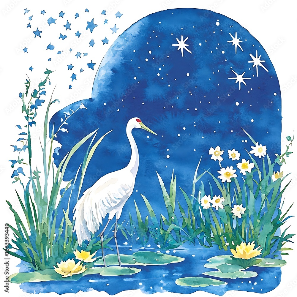 Fototapeta premium Serene Night Watercolor Crane in Moonlit Marsh.