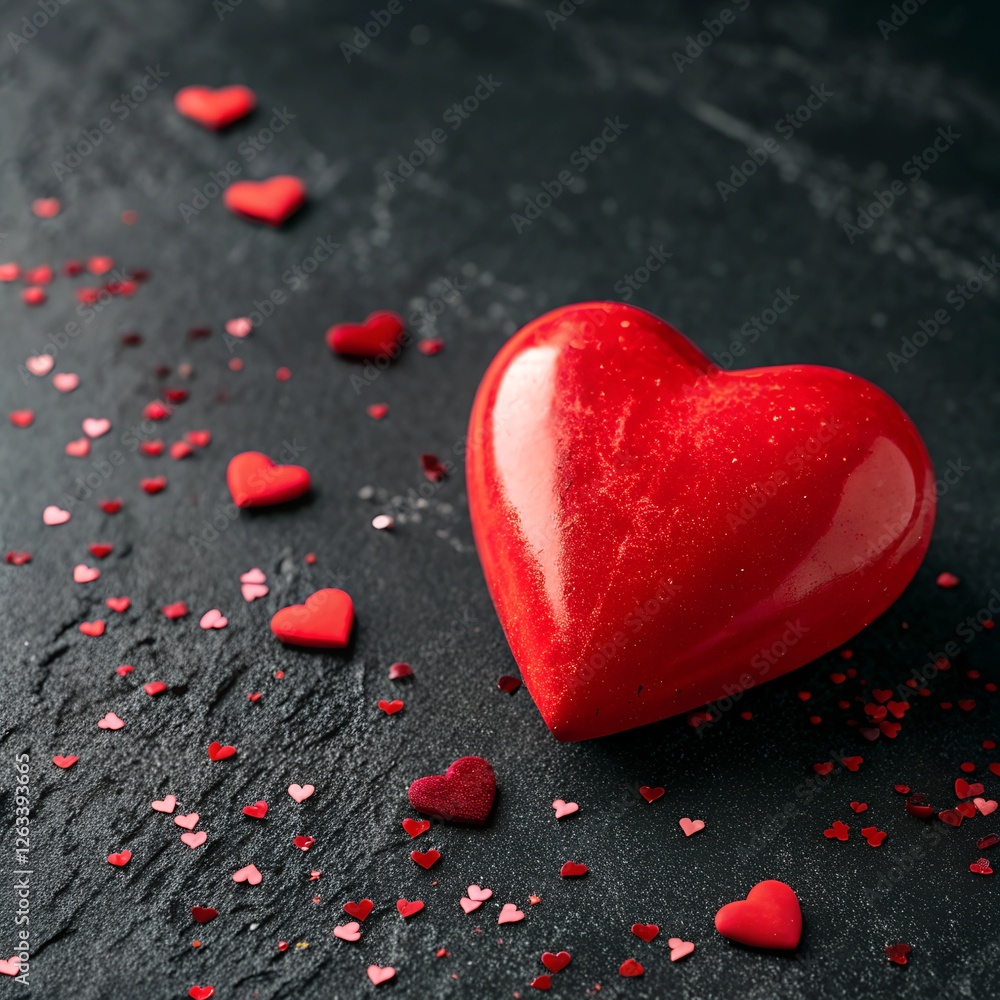 Fototapeta premium Red heart on dark background, text space. Valentine's Day celebration concept