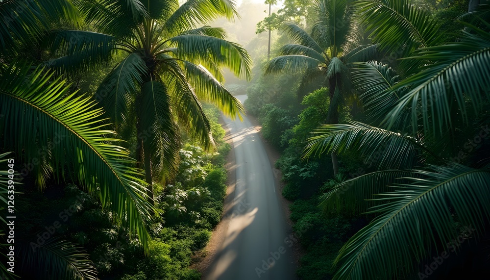 Naklejka premium Serene Tropical Road Winding Through Lush Palm Trees