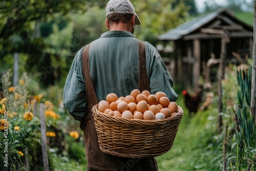 A farmer carrying a basket of fresh eggs from a chicken coop