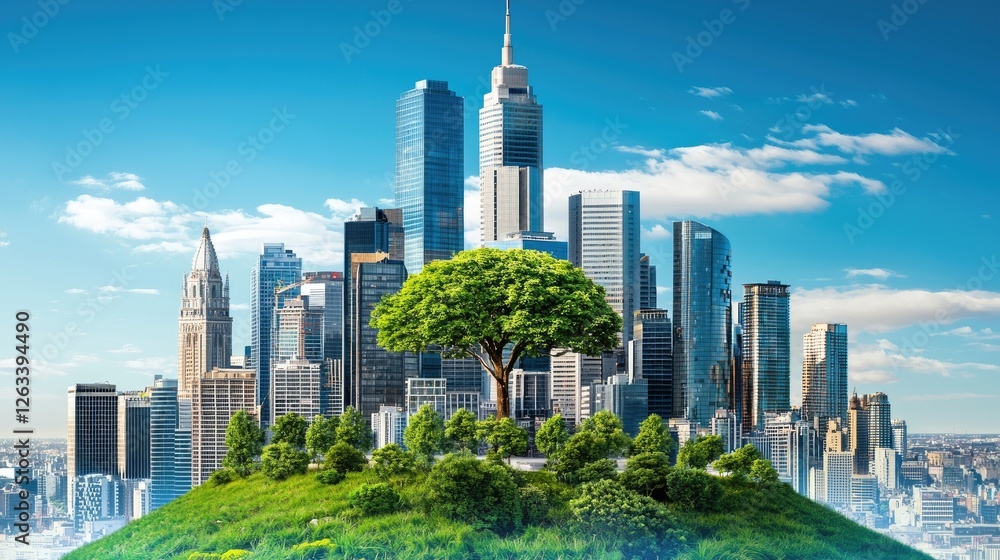 Fototapeta premium Green city park amidst skyscrapers; environmental concept; urban landscape