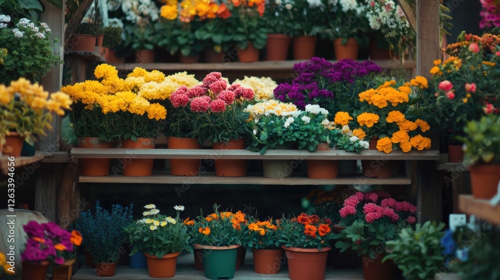Potted Flowers on Wooden Shelf Potted Flowers on Wooden Shelf
