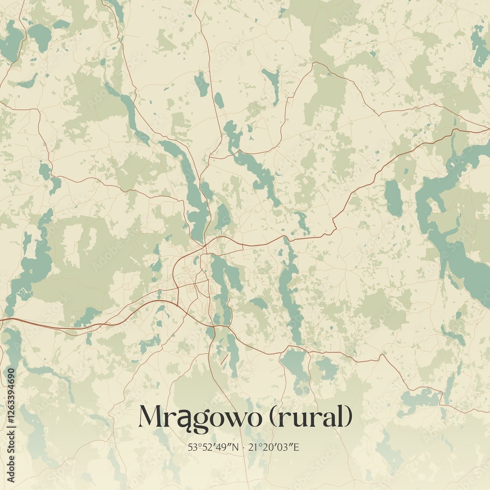 Fototapeta premium Vintage map of Mragowo (rural), Poland.
